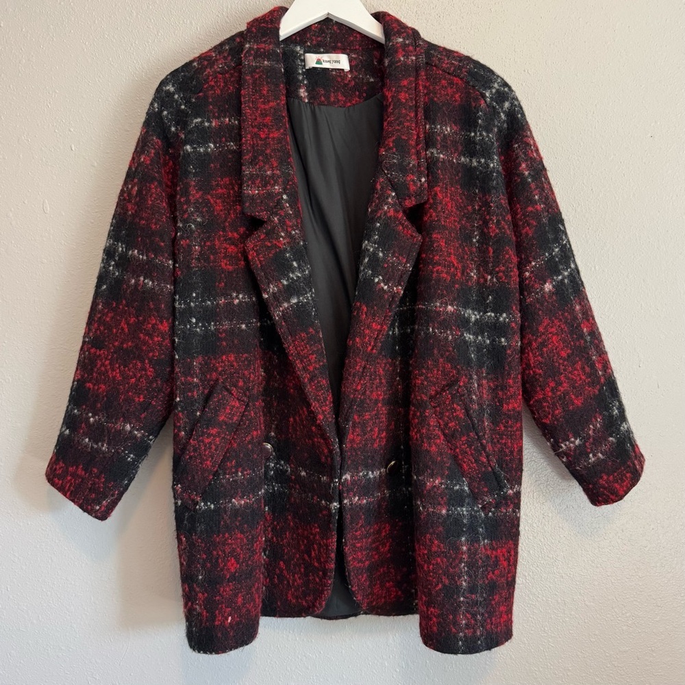 VNTG 80s-90s Japanese Plaid Mohair Style Cocoon Coat‎ -Red & Black Dark Academia